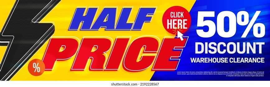 Half price sale banner template. 50 percent warehouse discount advertisement. Great stock clearance promotion vector illustration. Half price stock warehouse sale announcement