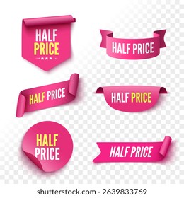Half price sale banners. Pink ribbons, tags and stickers. Vector illustration.