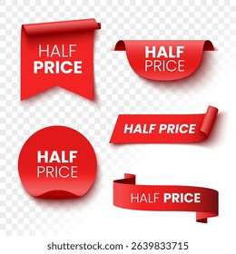 Half price sale banners. Red ribbons, tags and stickers. Vector illustration.