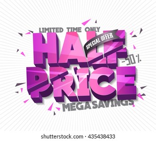 Half Price Sale concept vector banner with abstract triangle elements.