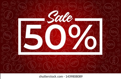 Half price sale horizontal template, up to 50 percents off, vector banner on red background