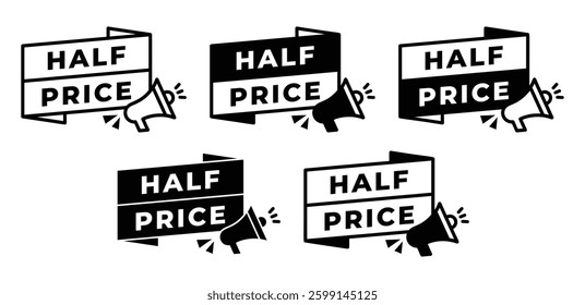Half Price Sale with Megaphone Icons Vector Design Illustration Set