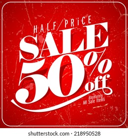 Half price sale poster, 50 percents off clearance vector banner