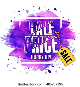 Half Price Sale Poster, Banner Or Flyer With Purple Abstract Paint Stroke. Vector Illustration.