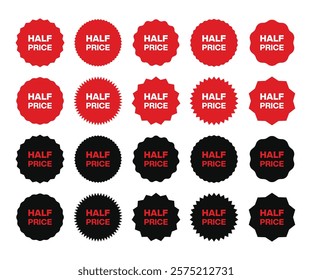 Half price sale red sticker set, featuring eye-catching discount labels for promotions and sales, ideal for showcasing price reductions and offers.