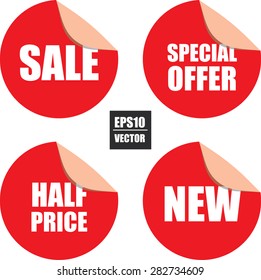 Half price, Sale, Special offer and New red label, sticker, tag, sign and icon. Vector illustration.
