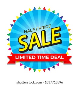 Half price sale sticker for web , flyer advertisement , promotion marketing, vector illustration