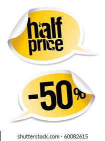 Half price sale stickers set in form of speech bubbles.