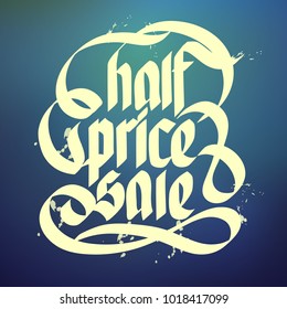 Half price sale typographical concept on blue gradient background flat vector illustration