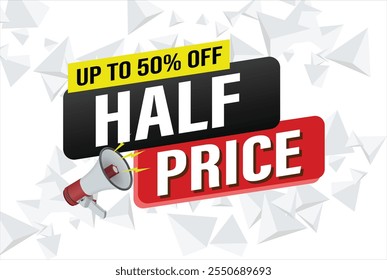 half price sale word mega phone concept vector illustration and 3d style, landing page, template, ui, web, mobile app, poster, banner, flyer, background, gift card, coupon, label, wallpaper

