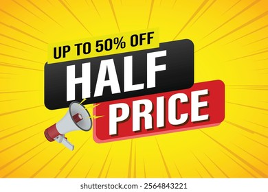 half price sale word mega phone concept vector illustration and 3d style, landing page, template, ui, web, mobile app, poster, banner, flyer, background, gift card, coupon, label, wallpaper

