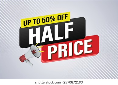 half price sale word mega phone concept vector illustration and 3d style, landing page, template, ui, web, mobile app, poster, banner, flyer, background, gift card, coupon, label, wallpaper

