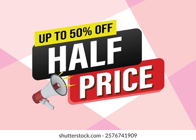 half price sale word mega phone concept vector illustration and 3d style, landing page, template, ui, web, mobile app, poster, banner, flyer, background, gift card, coupon, label, wallpaper

