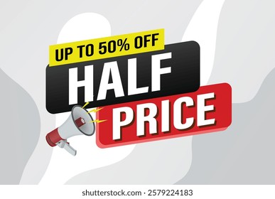 half price sale word mega phone concept vector illustration and 3d style, landing page, template, ui, web, mobile app, poster, banner, flyer, background, gift card, coupon, label, wallpaper

