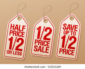 Half price save, promotional sale labels set.