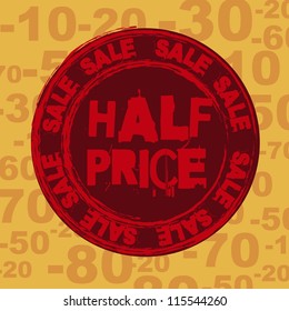 half price seal over orange background. vector illustration