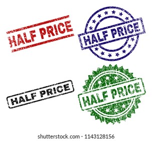 HALF PRICE seal prints with corroded style. Black, green,red,blue vector rubber prints of HALF PRICE tag with dust style. Rubber seals with circle, rectangle, medal shapes.