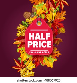 Half price. Special offer shopping tag discount with half price marketing promotion. Vector autumn seasonal sale. Fall season hot proposition. Advertising red label on maple leaves illustration
