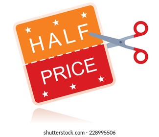 half price sticker with scissors