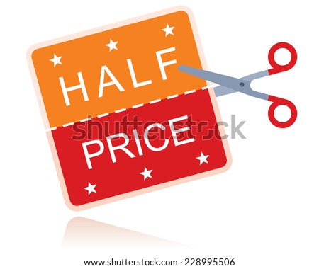 half price sticker with scissors