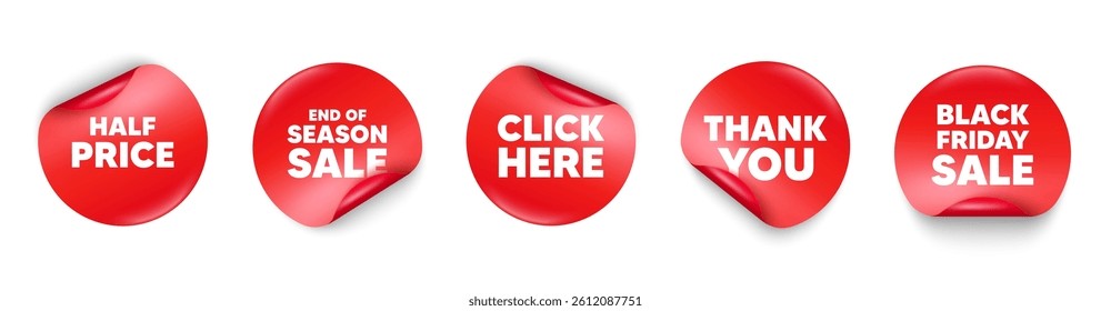 Half price sticker tag. Season sale, Black friday paper price banners. Half Price tag. Special offer Sale sign. Advertising Discounts symbol. Thank you sticker. Vector