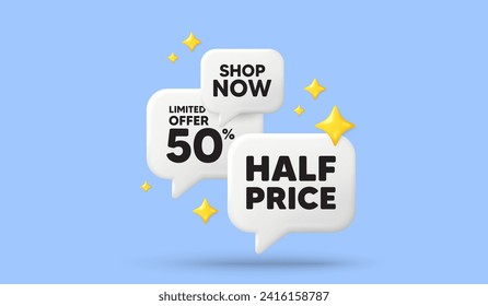 Half Price tag. 3d offer chat speech bubbles. Special offer Sale sign. Advertising Discounts symbol. Half price speech bubble 3d message. Talk box stars banner. Vector