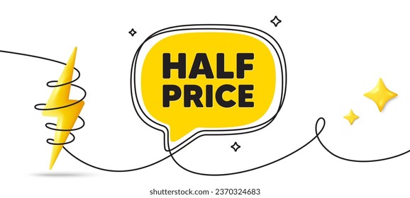 Half Price tag. Continuous line art banner. Special offer Sale sign. Advertising Discounts symbol. Half price speech bubble background. Wrapped 3d energy icon. Vector