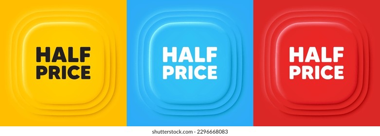 Media Precio. Banners de oferta neumórfica. Oferta especial Cartel de venta. Símbolo de descuentos publicitarios. Fondo de medio precio en el podio. infografía del producto. Vector