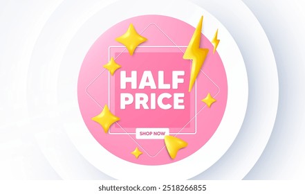 Half Price tag. Neumorphic promotion banner. Special offer Sale sign. Advertising Discounts symbol. Half price message. 3d stars with energy thunderbolt. Vector