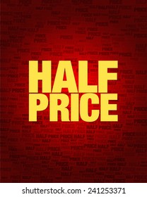 Half price text on red gradient background.