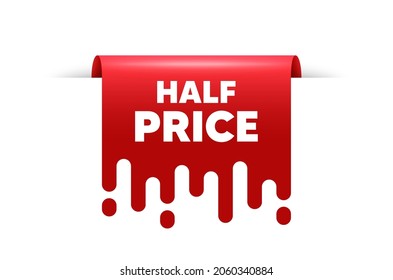 Texto de mitad de precio. Banner de la etiqueta de la cinta roja. Oferta especial Cartel de venta. Símbolo de descuentos publicitarios. Cartel de la insignia de la cinta adhesiva a medio precio. Etiqueta de venta roja. Vector