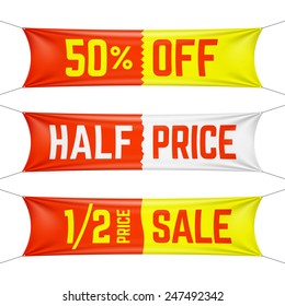 Half price textile banners. Vector.