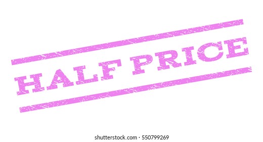 Half Price watermark stamp. Text tag between parallel lines with grunge design style. Rubber seal stamp with scratched texture. Vector violet color ink imprint on a white background.