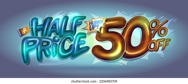 Half price - web banner template with glossy lettering, 50 percents off poster mockup