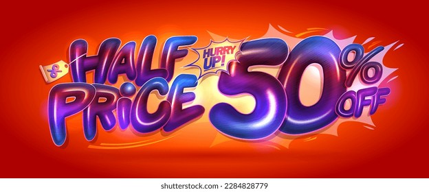 Media tarifa - plantilla de banner web con letras brillantes, 50 por ciento de etiqueta vectorial de publicidad con fondo rojo