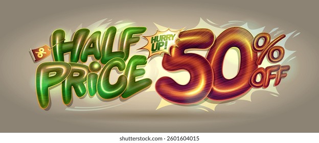 Half price - web banner template with glossy lettering, 50 percent off advertising sign