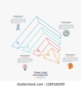 Half Of Pyramid Lying On Side Divided Into 4 Parts, Linear Symbols And Text Boxes. Concept Of Four Elements Of Business Development. Simple Infographic Design Template. Modern Vector Illustration.