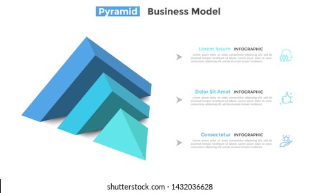 Half of pyramid lying on side split into 3 parts or layers and place for text. Concept of three features of business project. Modern infographic design template. Vector illustration for presentation.