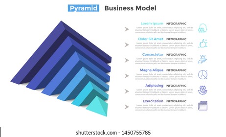 Half of pyramid lying on side split into 6 parts or layers and place for text. Concept of six features of business project. Modern infographic design template. Vector illustration for presentation.