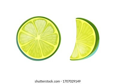 Halb- und Viertellima, Cartoon-Vektorillustration-Illustration. Grüne Fruchtsymbol. Essen einzeln auf weißem Hintergrund