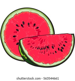 Half and quarter of ripe red watermelon with black seeds, sketch style vector illustration isolated on white background.