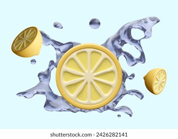 Half of realistic lemon close up, jets of clear water. Concept of citrus freshness, natural aroma