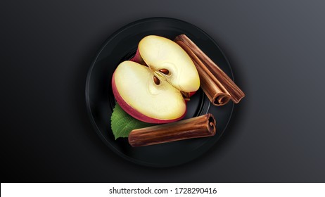 Half Of Red Apple And Cinnamon Sticks On A Black Plate.