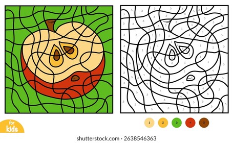 Half red apple color by number activity for kids. Educational printable coloring page with fruit contour, numbers in sections, and funny cartoon style. Great for learning and fun.