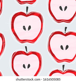  Half of a red apple fruit with seeds seamless pattern. Summer harvest repeated design with a brush strokes texture, thin outlines and simple vegetarian food.