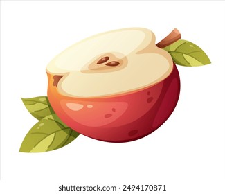 Half red apple with leaves. Autumn harvest. Vector icon on white background