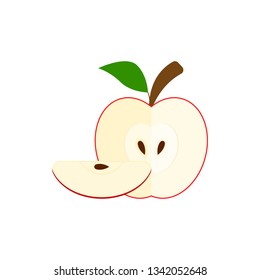 Half red apple and quarter apple with a seed inside. Apple icon with a slice, branch and leaf. Vector illustration.