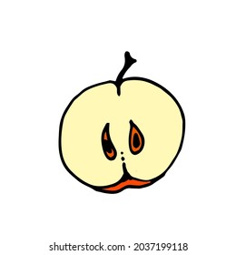 Ein halber roter Apfel mit Samen. Obst in einer Schnittmenge auf weißem, isoliertem Hintergrund. Vektorgrafik