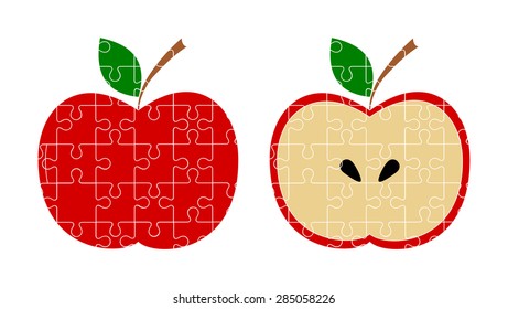 Half an red apple with twig and green leaf made of pieces of jigsaw puzzle, front and back side. vector art image illustration, isolated on white background