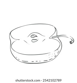 Metade de Maçã Vermelha, ilustração vetorial Em um fundo branco. Ingrediente para suco, vinho ruminado, receitas, charlotte, geleia, conservas, compotas. Colhe no jardim. Tipografia impressa, têxteis